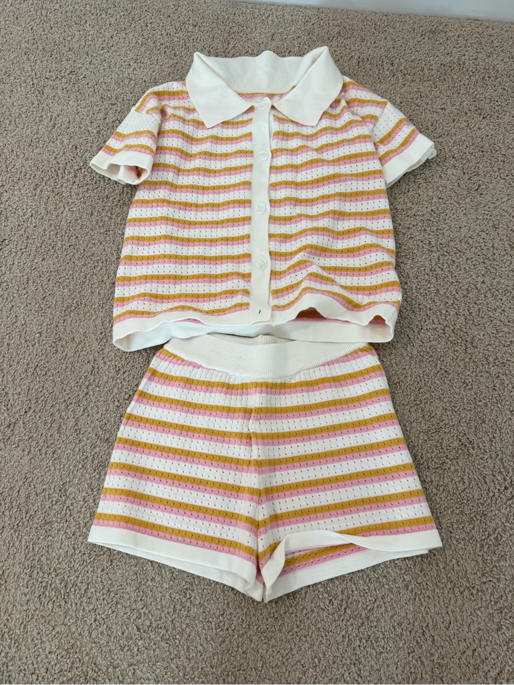 Striped Knit Two-Piece Set in Cream, Pink & Mustard